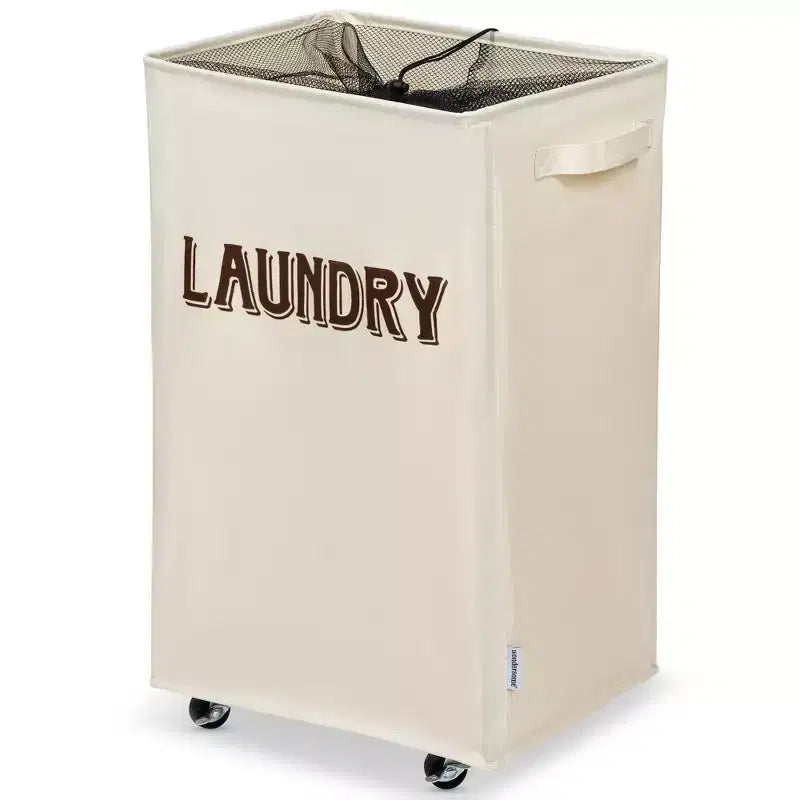 Wondersome Laundry Hamper with Wheels - Farmhouse Cream - 90-Liter Extra Large Collapsible Rolling Clothes Cart - Heavy Duty