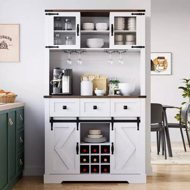 Armoire de cuisine haute Whizmax 72, meuble de rangement de cuisine avec porte coulissante de style grange, buffet avec support pour micro-ondes et 3 tiroirs