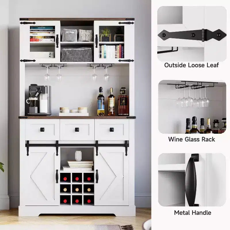 Armoire de cuisine haute Whizmax 72, meuble de rangement de cuisine avec porte coulissante de style grange, buffet avec support pour micro-ondes et 3 tiroirs