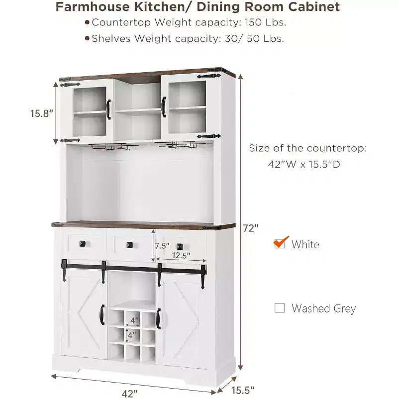 Armoire de cuisine haute Whizmax 72, meuble de rangement de cuisine avec porte coulissante de style grange, buffet avec support pour micro-ondes et 3 tiroirs