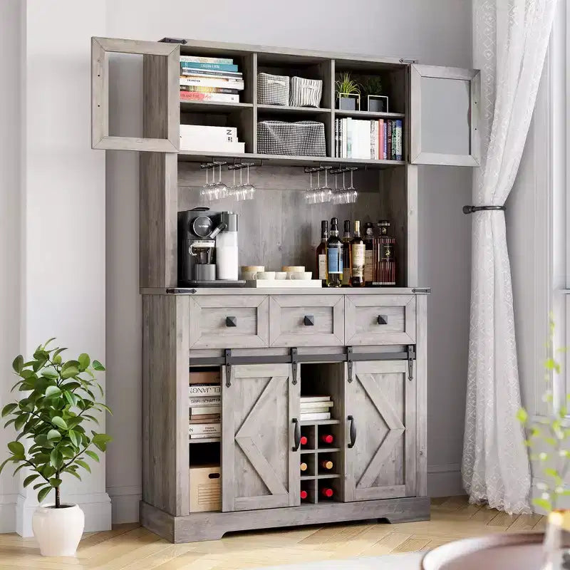Armoire de cuisine haute Whizmax 72, meuble de rangement de cuisine avec porte coulissante de style grange, buffet avec support pour micro-ondes et 3 tiroirs
