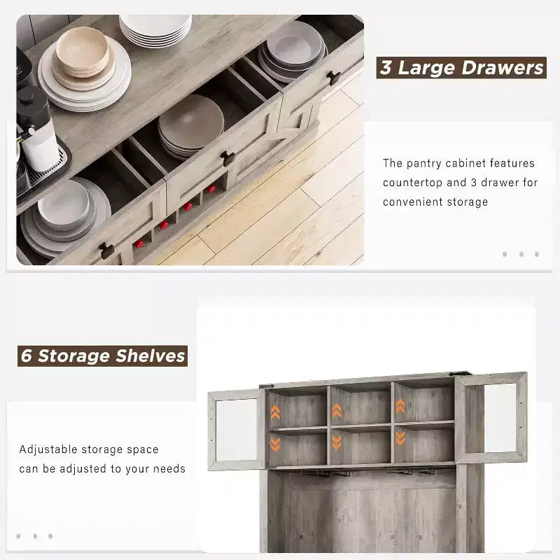 Armoire de cuisine haute Whizmax 72, meuble de rangement de cuisine avec porte coulissante de style grange, buffet avec support pour micro-ondes et 3 tiroirs