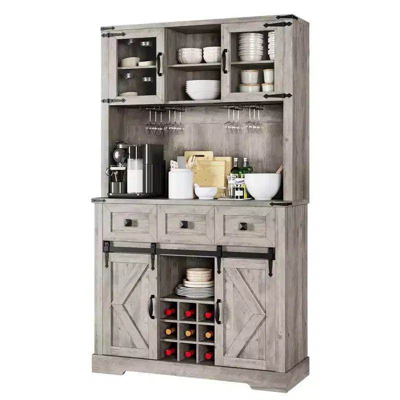 Armoire de cuisine haute Whizmax 72, meuble de rangement de cuisine avec porte coulissante de style grange, buffet avec support pour micro-ondes et 3 tiroirs