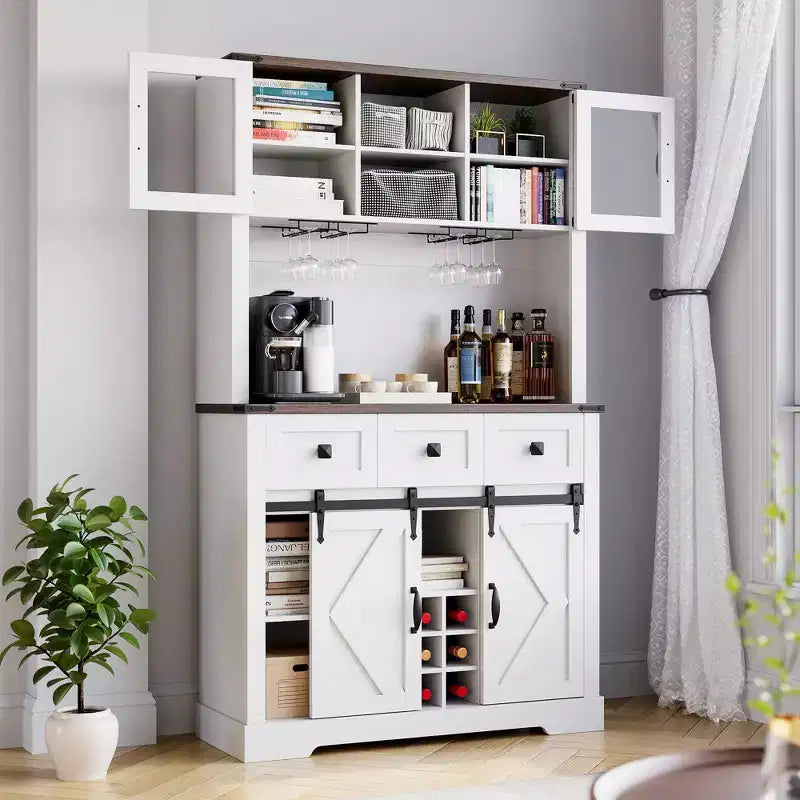 Armoire de cuisine haute Whizmax 72, meuble de rangement de cuisine avec porte coulissante de style grange, buffet avec support pour micro-ondes et 3 tiroirs