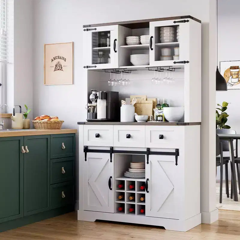 Armoire de cuisine haute Whizmax 72, meuble de rangement de cuisine avec porte coulissante de style grange, buffet avec support pour micro-ondes et 3 tiroirs