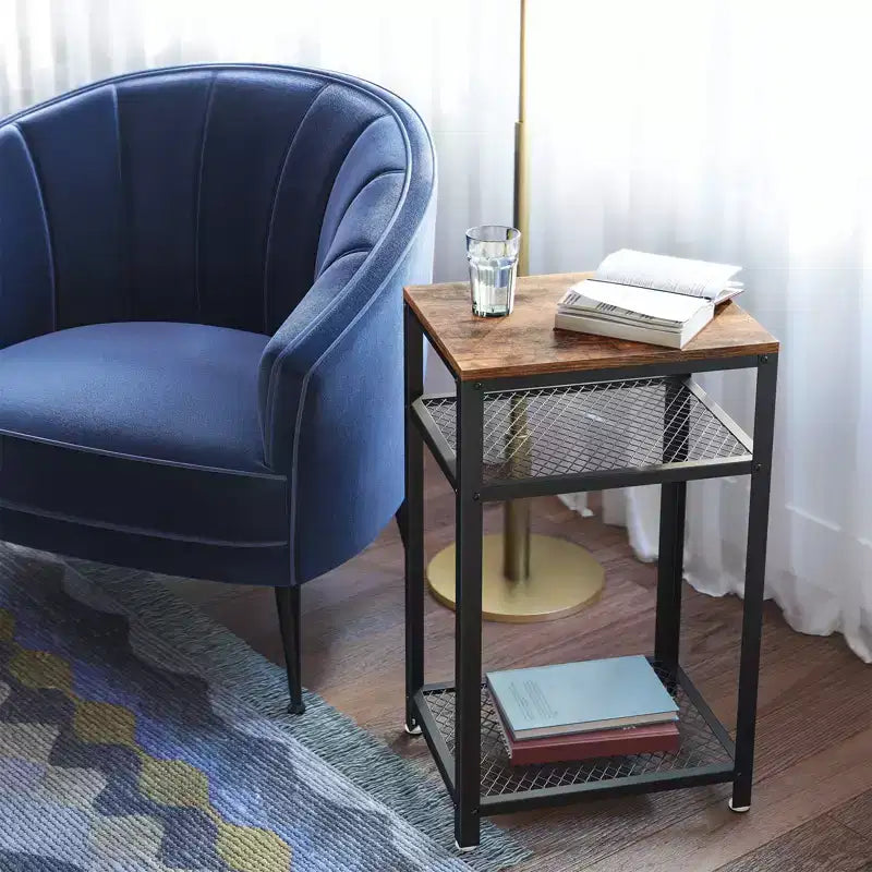 VASAGLE Table d'appoint haute à 3 niveaux, Petite table d'appoint de téléphone avec 2 étagères de rangement en maille, Chariot de cuisine, Marron rustique et Noir