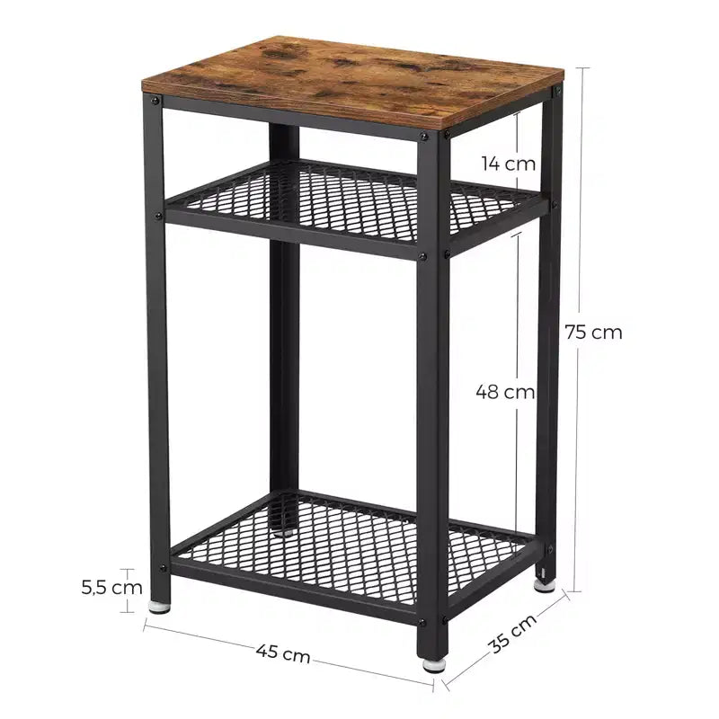 VASAGLE Table d'appoint haute à 3 niveaux, Petite table d'appoint de téléphone avec 2 étagères de rangement en maille, Chariot de cuisine, Marron rustique et Noir