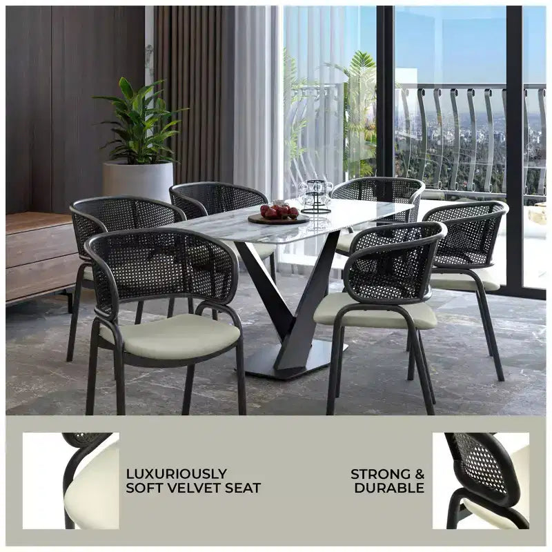 LeisureMod Ervilla - Lot de 4 chaises de salle à manger modernes - Fauteuils d'appoint confortables en tissu avec pieds en fer noir, pour cuisine, salle à manger, café, restaurant