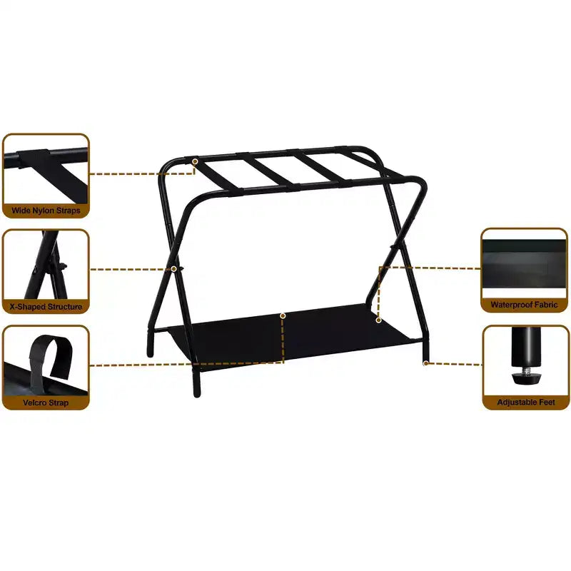 Kings Brand Furniture Simone Support à bagages pliant, élégant porte-valise avec étagère de rangement, noir