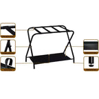 Kings Brand Furniture Simone Support à bagages pliant, élégant porte-valise avec étagère de rangement, noir