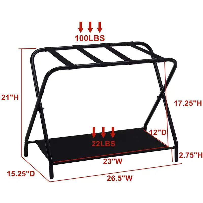 Kings Brand Furniture Simone Support à bagages pliant, élégant porte-valise avec étagère de rangement, noir