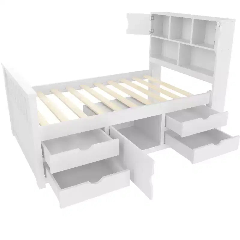 Cadre de lit plateforme capitaine double avec bibliothèques de rangement, étagères, armoire et 4 tiroirs - ModernLuxe