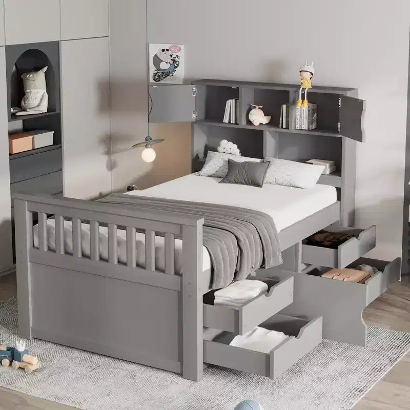 Cadre de lit plateforme capitaine double avec bibliothèques de rangement, étagères, armoire et 4 tiroirs - ModernLuxe