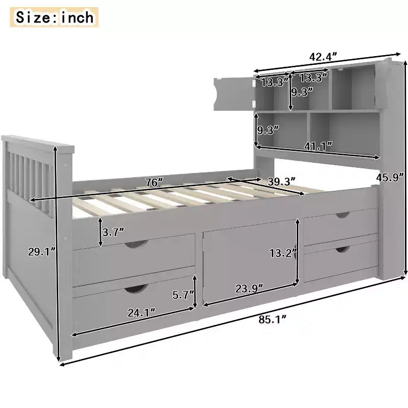 Cadre de lit plateforme capitaine double avec bibliothèques de rangement, étagères, armoire et 4 tiroirs - ModernLuxe