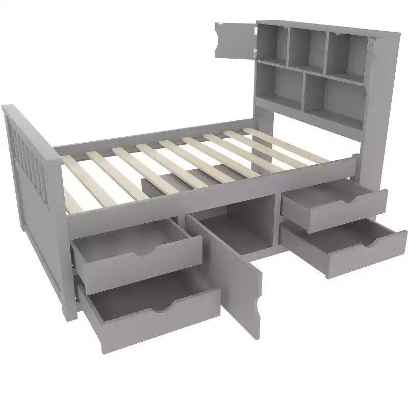 Cadre de lit plateforme capitaine double avec bibliothèques de rangement, étagères, armoire et 4 tiroirs - ModernLuxe