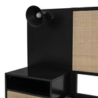 Cadre de lit Queen Size en bois massif avec 2 tables de chevet, lit plateforme élégant en rotin et bois combiné avec lampes - ModernLuxe