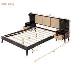 Cadre de lit Queen Size en bois massif avec 2 tables de chevet, lit plateforme élégant en rotin et bois combiné avec lampes - ModernLuxe