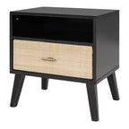 Cadre de lit Queen Size en bois massif avec 2 tables de chevet, lit plateforme élégant en rotin et bois combiné avec lampes - ModernLuxe