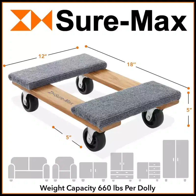 Diable de déménagement robuste Sure-Max, paquet de 2, bois dur de qualité supérieure avec roulettes pivotantes, capacité totale de 600 kg