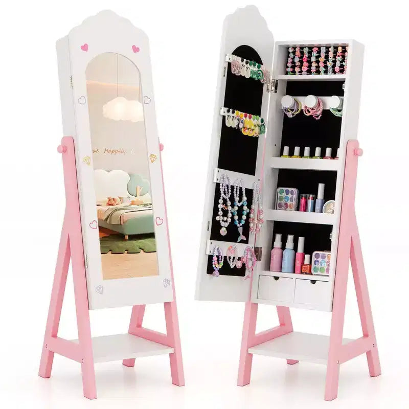 Costway Coiffeuse Enfant Maquillage Princesse Table et Chaise avec Armoire à Bijoux Blanc/Rose
