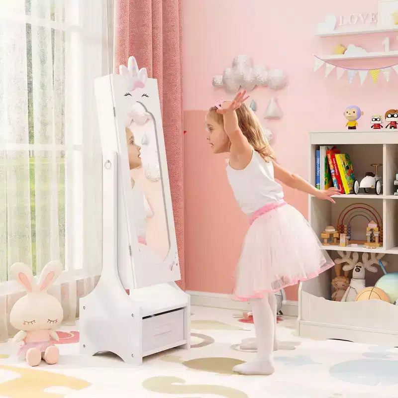 Costway Coiffeuse Enfant Maquillage Princesse Table et Chaise avec Armoire à Bijoux Blanc/Rose