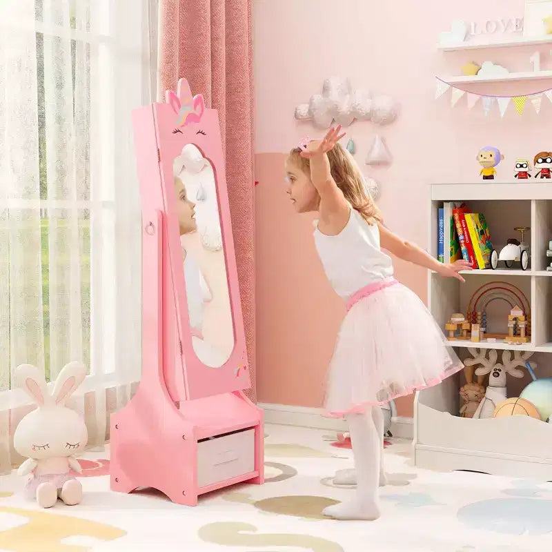 Costway Coiffeuse Enfant Maquillage Princesse Table et Chaise avec Armoire à Bijoux Blanc/Rose