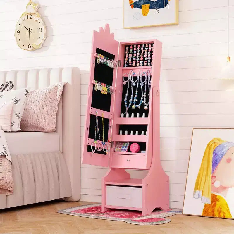 Costway Coiffeuse Enfant Maquillage Princesse Table et Chaise avec Armoire à Bijoux Blanc/Rose