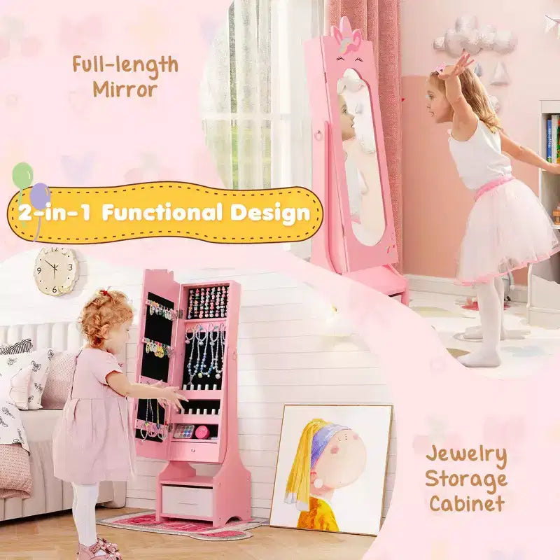 Costway Coiffeuse Enfant Maquillage Princesse Table et Chaise avec Armoire à Bijoux Blanc/Rose