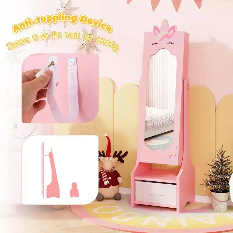 Costway Coiffeuse Enfant Maquillage Princesse Table et Chaise avec Armoire à Bijoux Blanc/Rose