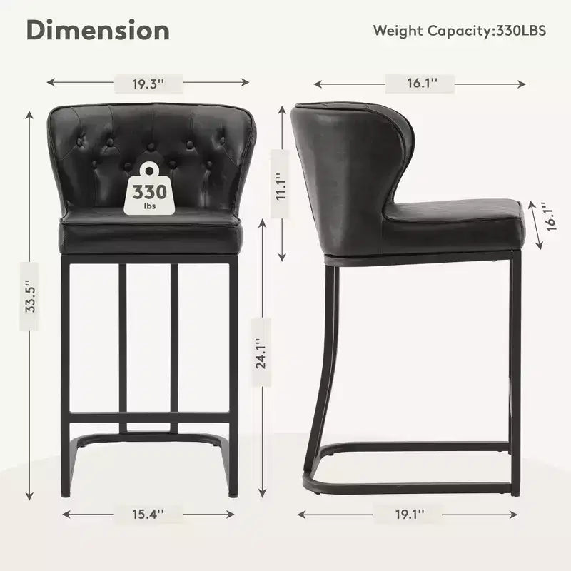 HYLEORY Tabourets de bar hauteur comptoir 24'' Lot de 2 tabourets de bar en cuir, chaises de bar modernes rembourrées avec dossier pour comptoir de cuisine, noir