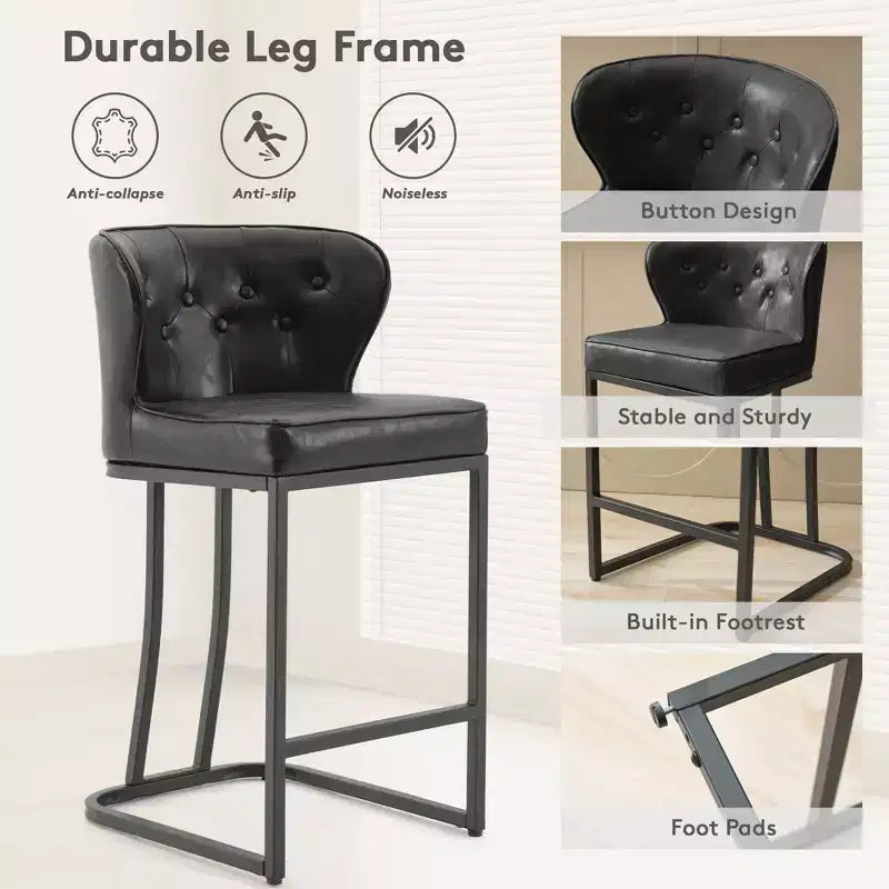 HYLEORY Tabourets de bar hauteur comptoir 24'' Lot de 2 tabourets de bar en cuir, chaises de bar modernes rembourrées avec dossier pour comptoir de cuisine, noir