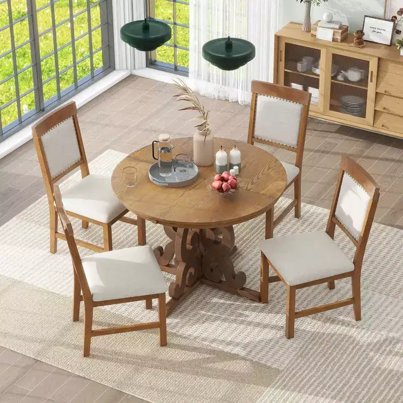 Ensemble de salle à manger extensible Whisen Retro 5 pièces avec rallonge de 16 pouces et 4 chaises rembourrées