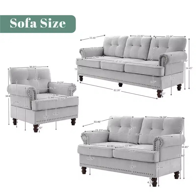 HYLEORY Ensemble de canapé 3 pièces en chenille pour salon avec canapé 3 places, causeuse 2 places, fauteuil simple, canapé rembourré pour salon, bureau