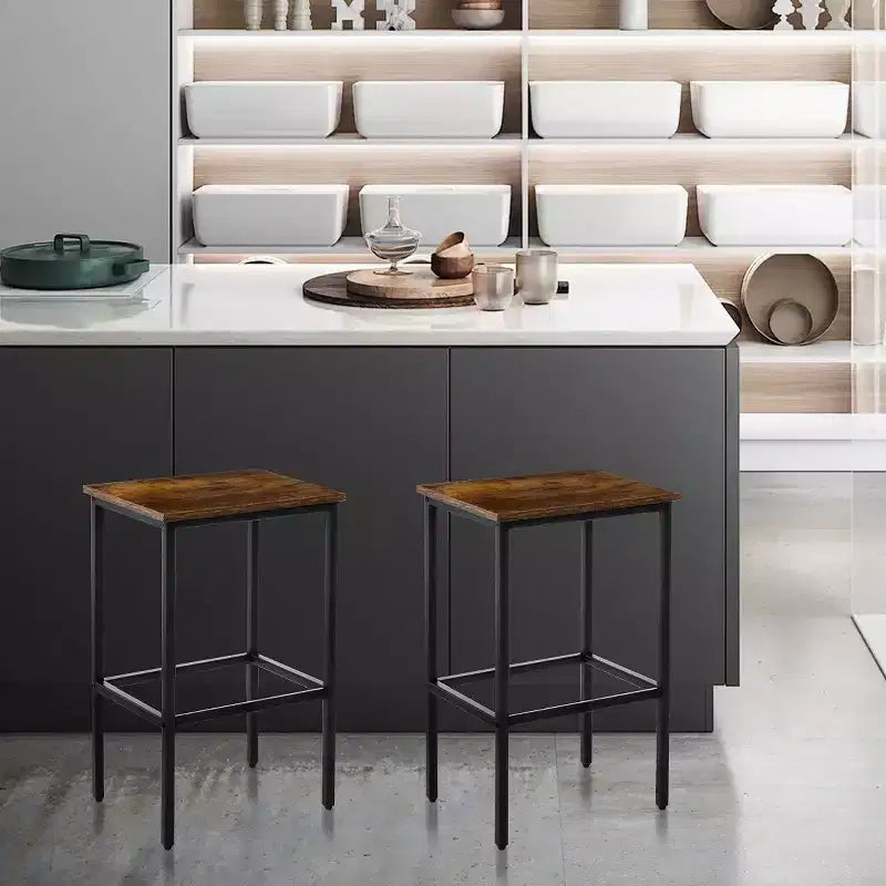 WARMOUNTS Lot de 2 tabourets de bar sans dossier hauteur comptoir, marron rustique, avec cadre en acier robuste