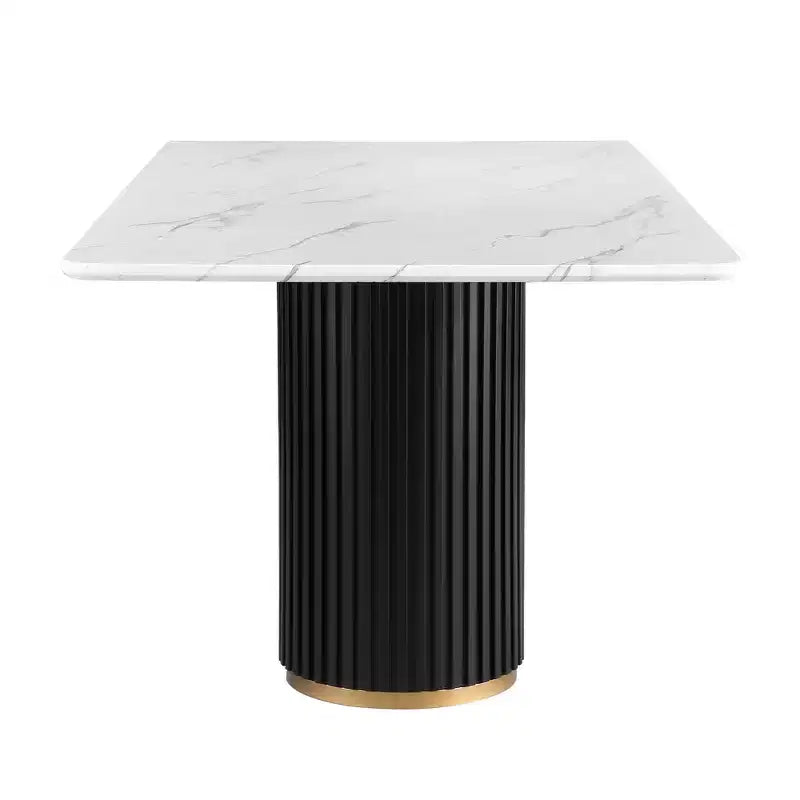 Table à manger de luxe avec plateau en faux marbre et piédestal, cadre métallique rectangulaire blanc pour 6 personnes - Morden Fort