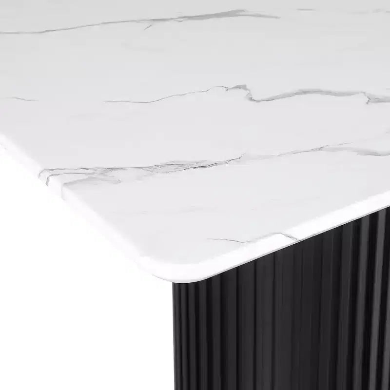 Table à manger de luxe avec plateau en faux marbre et piédestal, cadre métallique rectangulaire blanc pour 6 personnes - Morden Fort