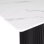 Table à manger de luxe avec plateau en faux marbre et piédestal, cadre métallique rectangulaire blanc pour 6 personnes - Morden Fort