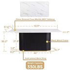 Table à manger de luxe avec plateau en faux marbre et piédestal, cadre métallique rectangulaire blanc pour 6 personnes - Morden Fort