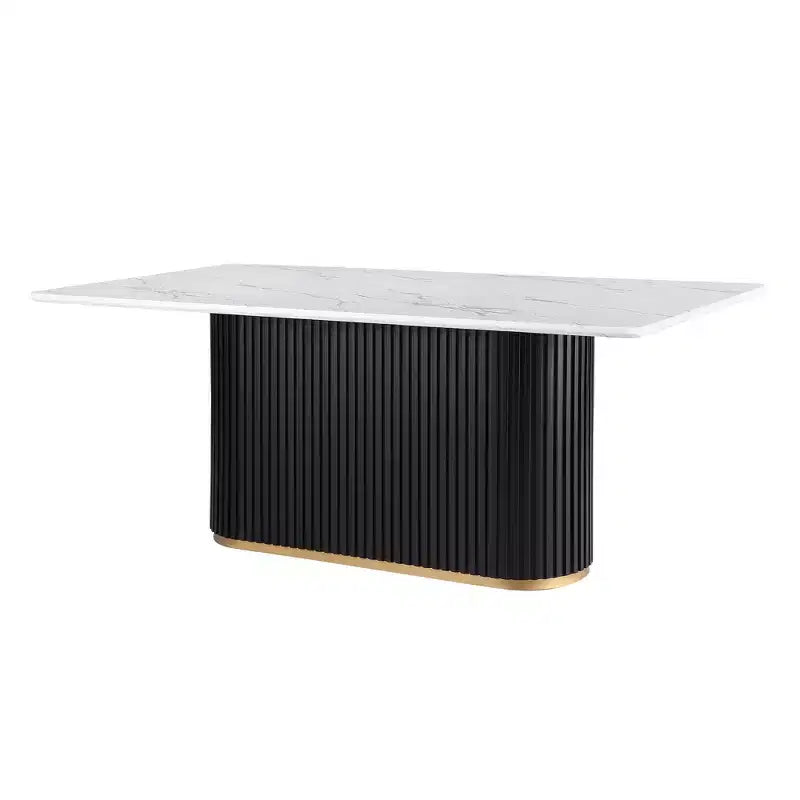 Table à manger de luxe avec plateau en faux marbre et piédestal, cadre métallique rectangulaire blanc pour 6 personnes - Morden Fort
