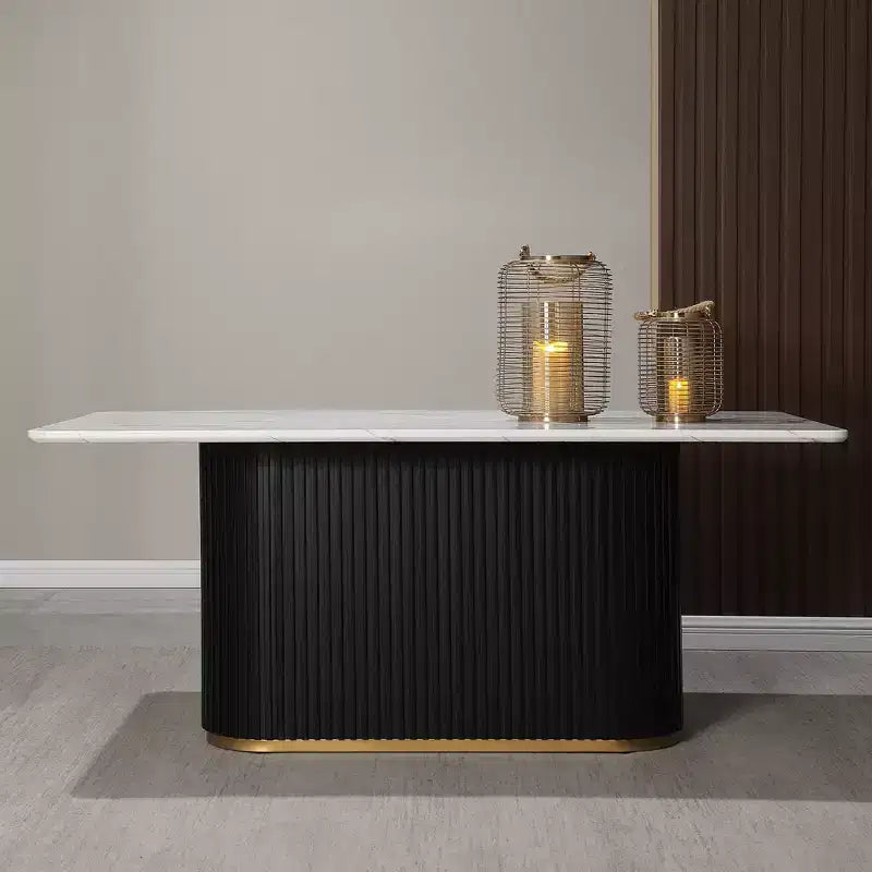 Table à manger de luxe avec plateau en faux marbre et piédestal, cadre métallique rectangulaire blanc pour 6 personnes - Morden Fort