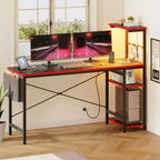 Bureau gaming réversible Bestier 61 avec prise électrique et LED, avec étagères à 4 niveaux