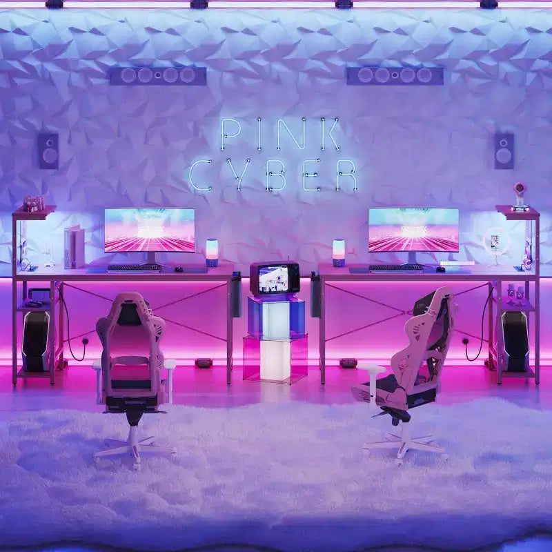 Bureau gaming réversible Bestier 61 avec prise électrique et LED, avec étagères à 4 niveaux