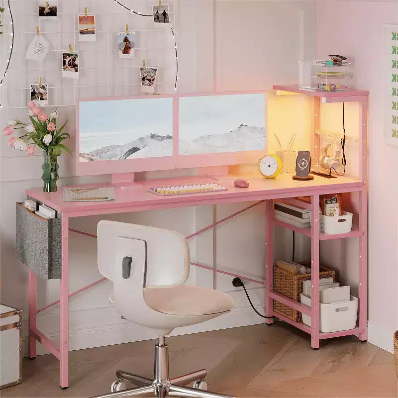 Bureau gaming réversible Bestier 61 avec prise électrique et LED, avec étagères à 4 niveaux
