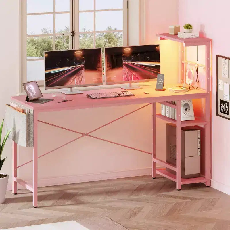 Bureau gaming réversible Bestier 61 avec prise électrique et LED, avec étagères à 4 niveaux