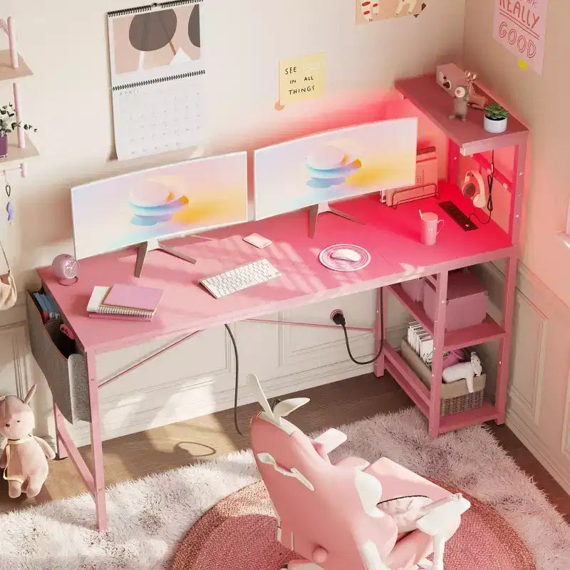Bureau gaming réversible Bestier 61 avec prise électrique et LED, avec étagères à 4 niveaux