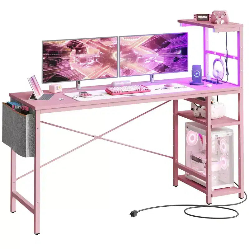Bureau gaming réversible Bestier 61 avec prise électrique et LED, avec étagères à 4 niveaux