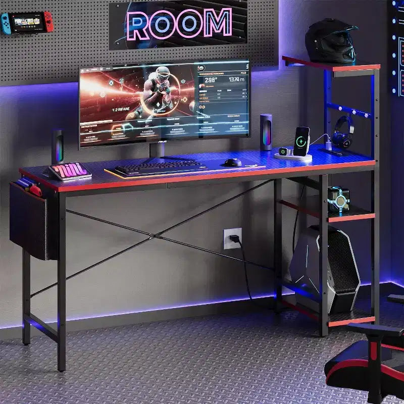 Bureau gaming réversible Bestier 61 avec prise électrique et LED, avec étagères à 4 niveaux