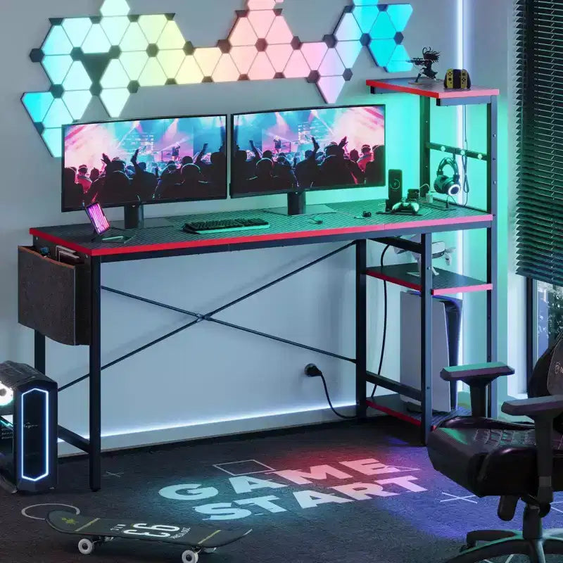 Bureau gaming réversible Bestier 61 avec prise électrique et LED, avec étagères à 4 niveaux