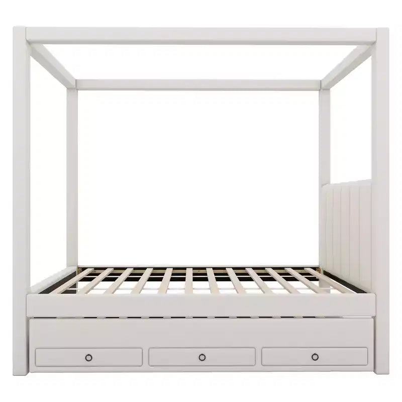 Lit plateforme à baldaquin tapissé Twin/Full avec lit gigogne et 3 tiroirs de rangement-ModernLuxe