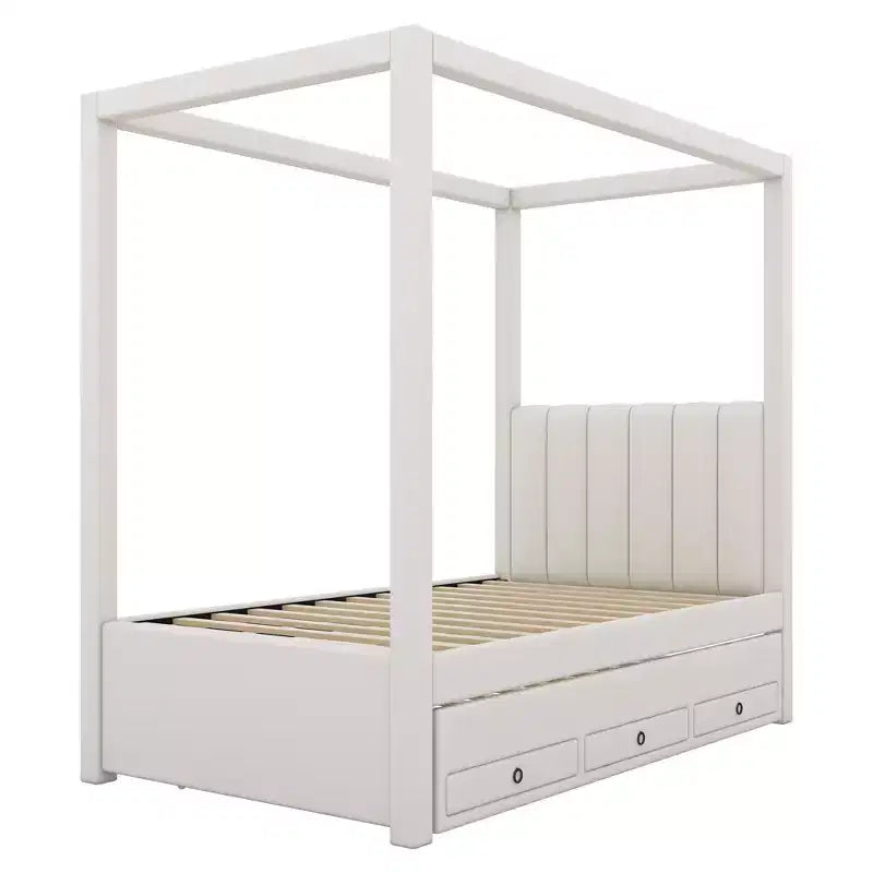 Lit plateforme à baldaquin tapissé Twin/Full avec lit gigogne et 3 tiroirs de rangement-ModernLuxe
